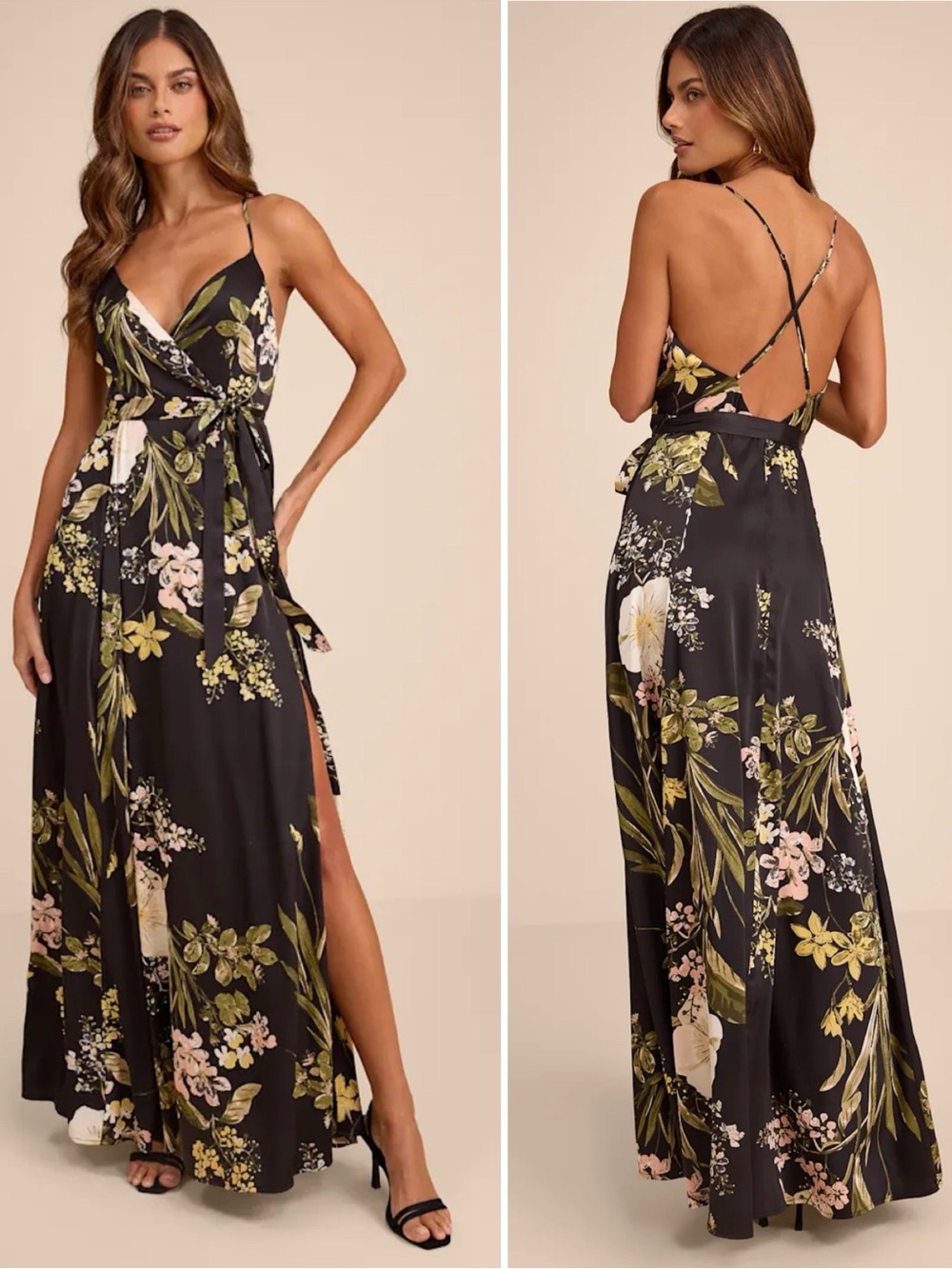 Lulus Still the One Satin A-Line Maxi Dress Black Floral Print Size Large